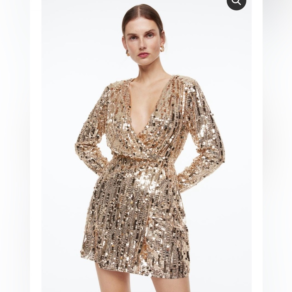 H&M Champagne Sequin Long-Sleeve Mini Dress